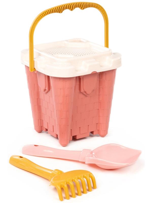 Песочный набор игрушек, 4 предмета: ведро-замок, ситечко, лопатка, грабельки, розовый