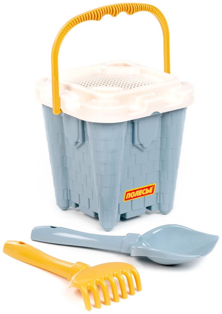 Песочный набор игрушек, 4 предмета: ведро-замок, ситечко, лопатка, грабельки, серо-голубой