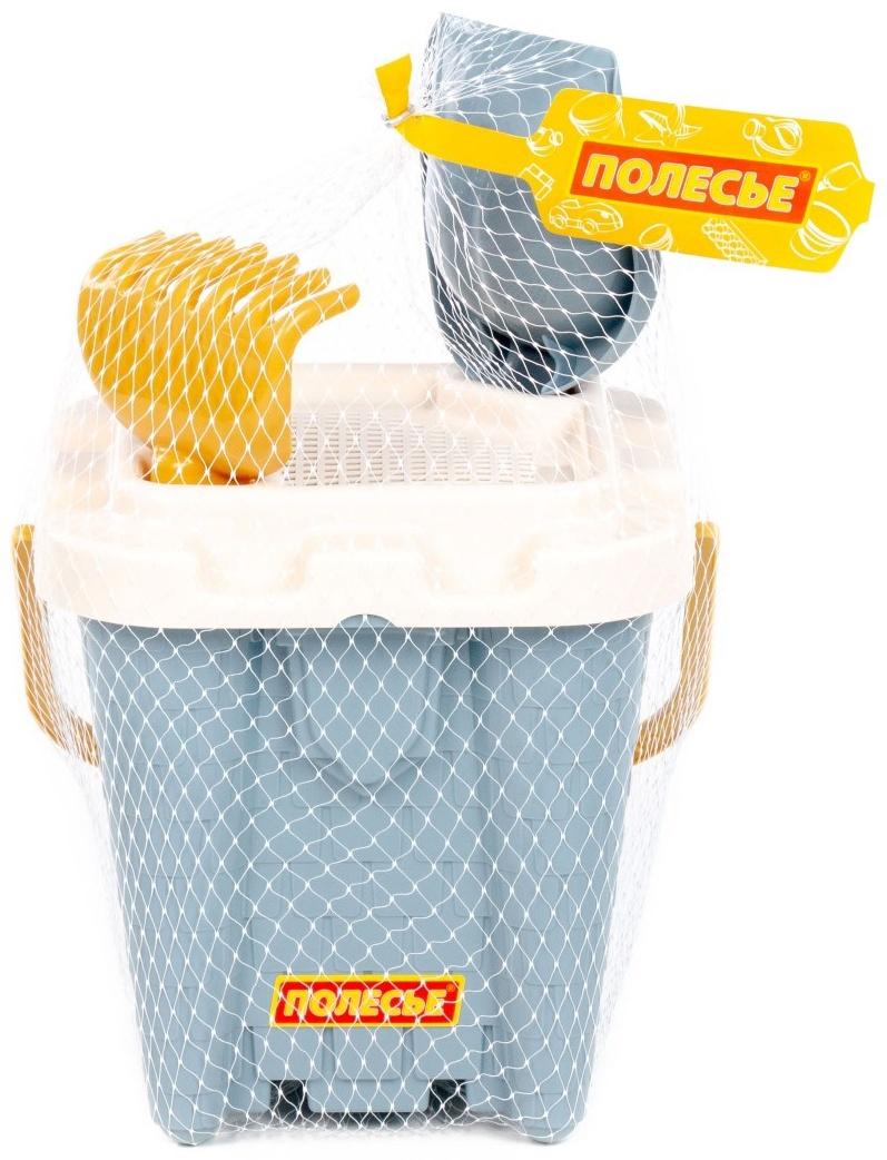 Песочный набор игрушек, 4 предмета: ведро-замок, ситечко, лопатка, грабельки, серо-голубой