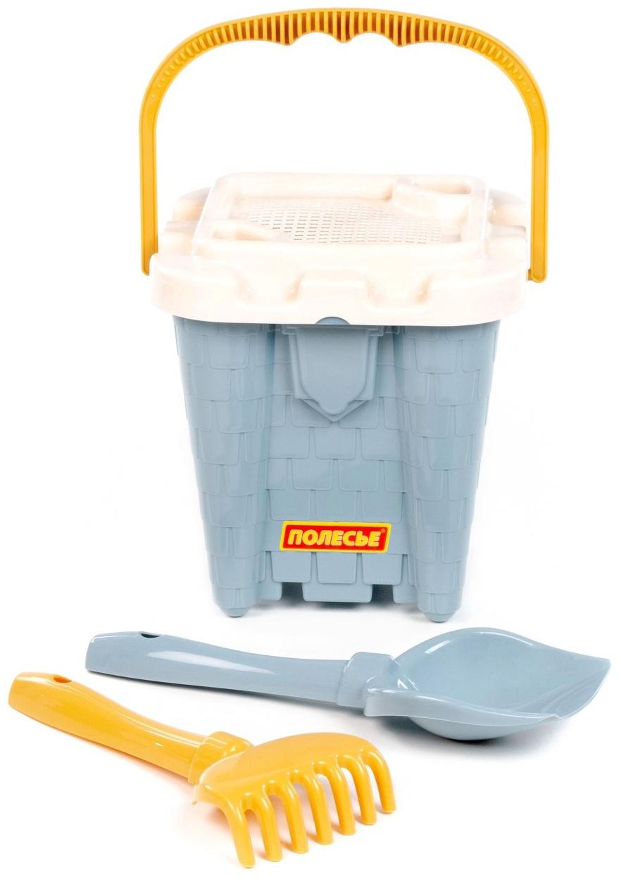 Песочный набор игрушек, 4 предмета: ведро-замок, ситечко, лопатка, грабельки, серо-голубой