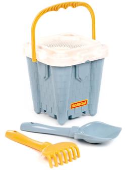 Песочный набор игрушек, 4 предмета: ведро-замок, ситечко, лопатка, грабельки, серо-голубой