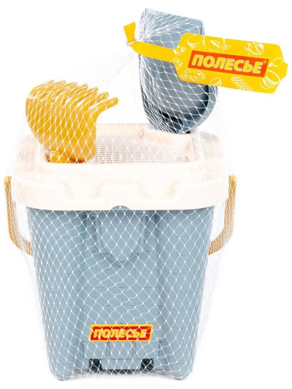 Песочный набор игрушек, 4 предмета: ведро-замок, ситечко, лопатка, грабельки, серо-голубой