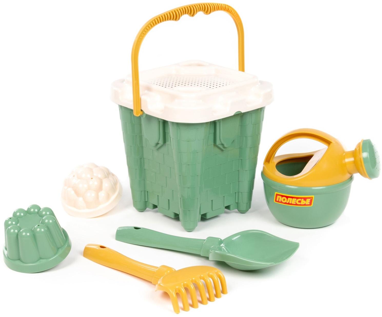 Песочный набор игрушек, 7 предметов: ведро-замок, ситечко, лопатка, грабельки, формочки, лейка