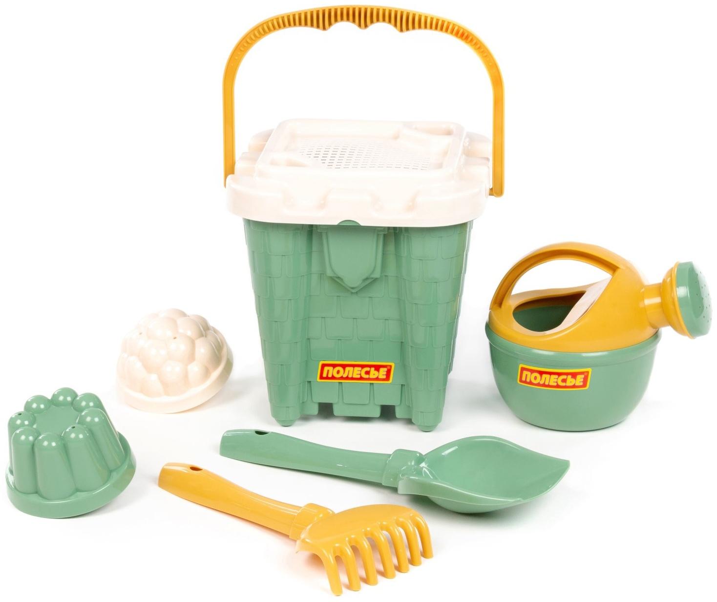 Песочный набор игрушек, 7 предметов: ведро-замок, ситечко, лопатка, грабельки, формочки, лейка