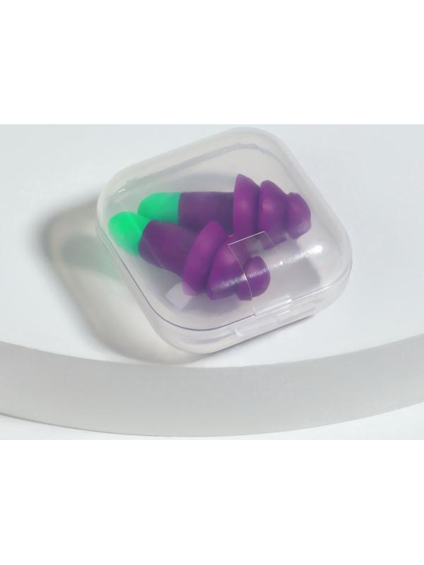 Беруши, 3×1.3 см, в футляре, фасовка 10 шт., силиконовые, фиолетовый/зелёный