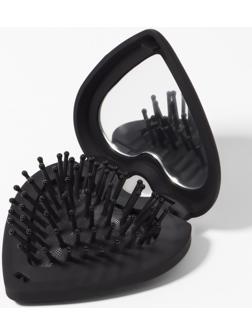 Расчёска массажная «Сердце», складная, с зеркалом, 8×2.5 см, матовая, чёрная