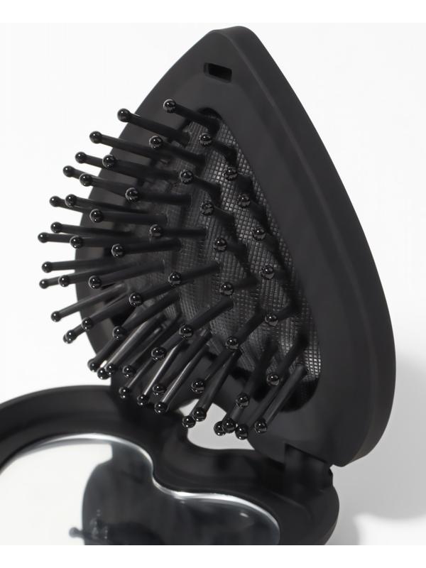 Расчёска массажная «Сердце», складная, с зеркалом, 8×2.5 см, матовая, чёрная