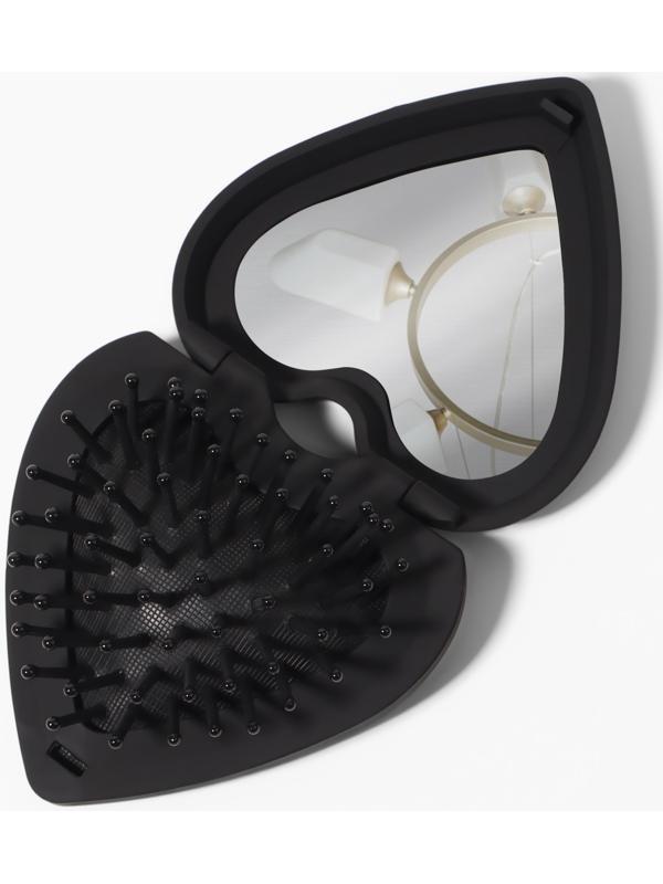 Расчёска массажная «Сердце», складная, с зеркалом, 8×2.5 см, матовая, чёрная