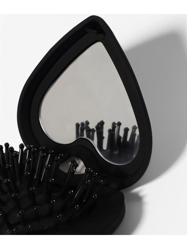 Расчёска массажная «Сердце», складная, с зеркалом, 8×2.5 см, матовая, чёрная
