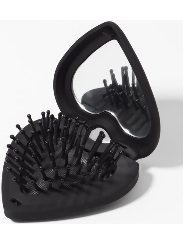 Расчёска массажная «Сердце», складная, с зеркалом, 8×2.5 см, матовая, чёрная