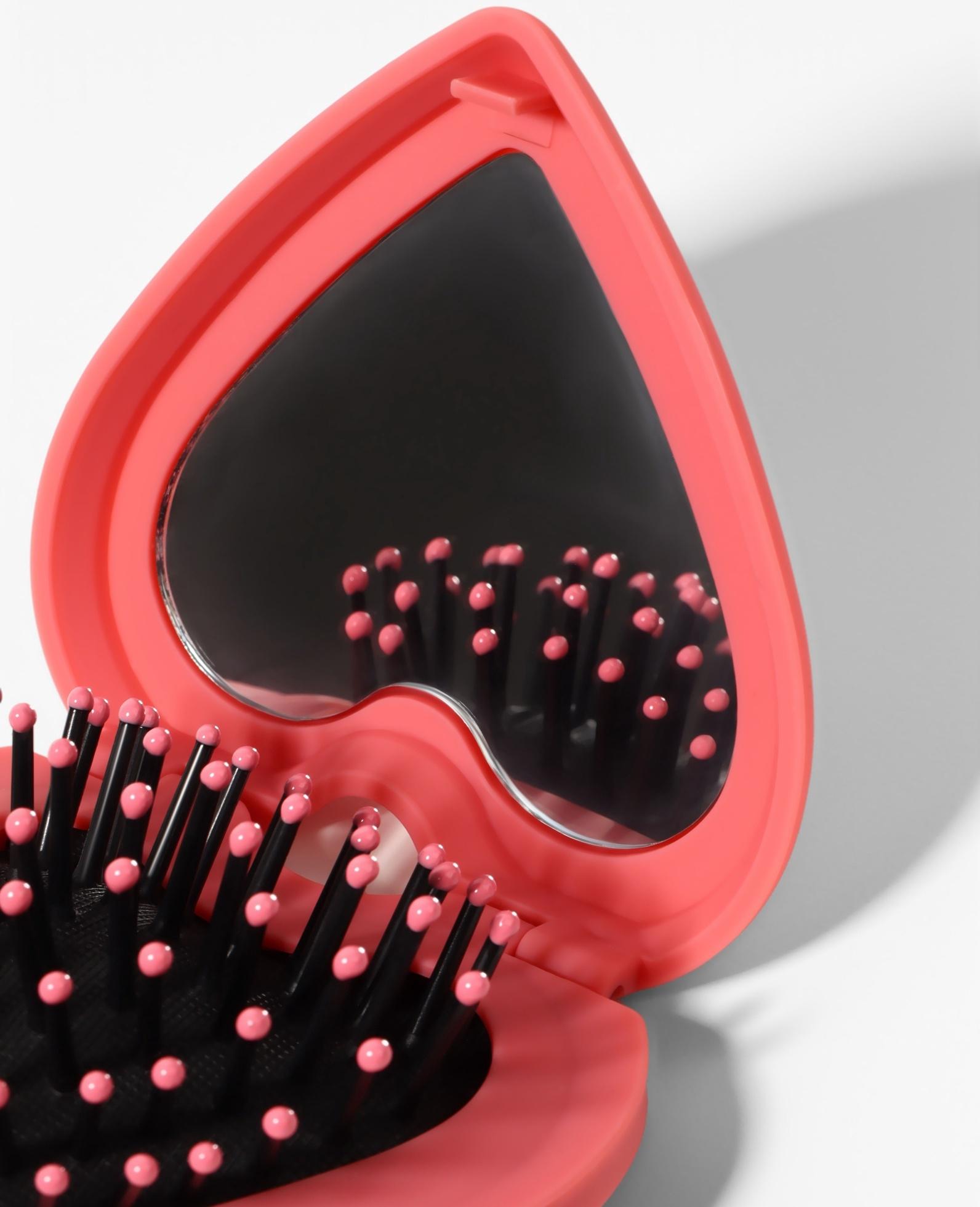 Расчёска массажная «Сердце», складная, с зеркалом, 8×2.5 см, матовая, розовая