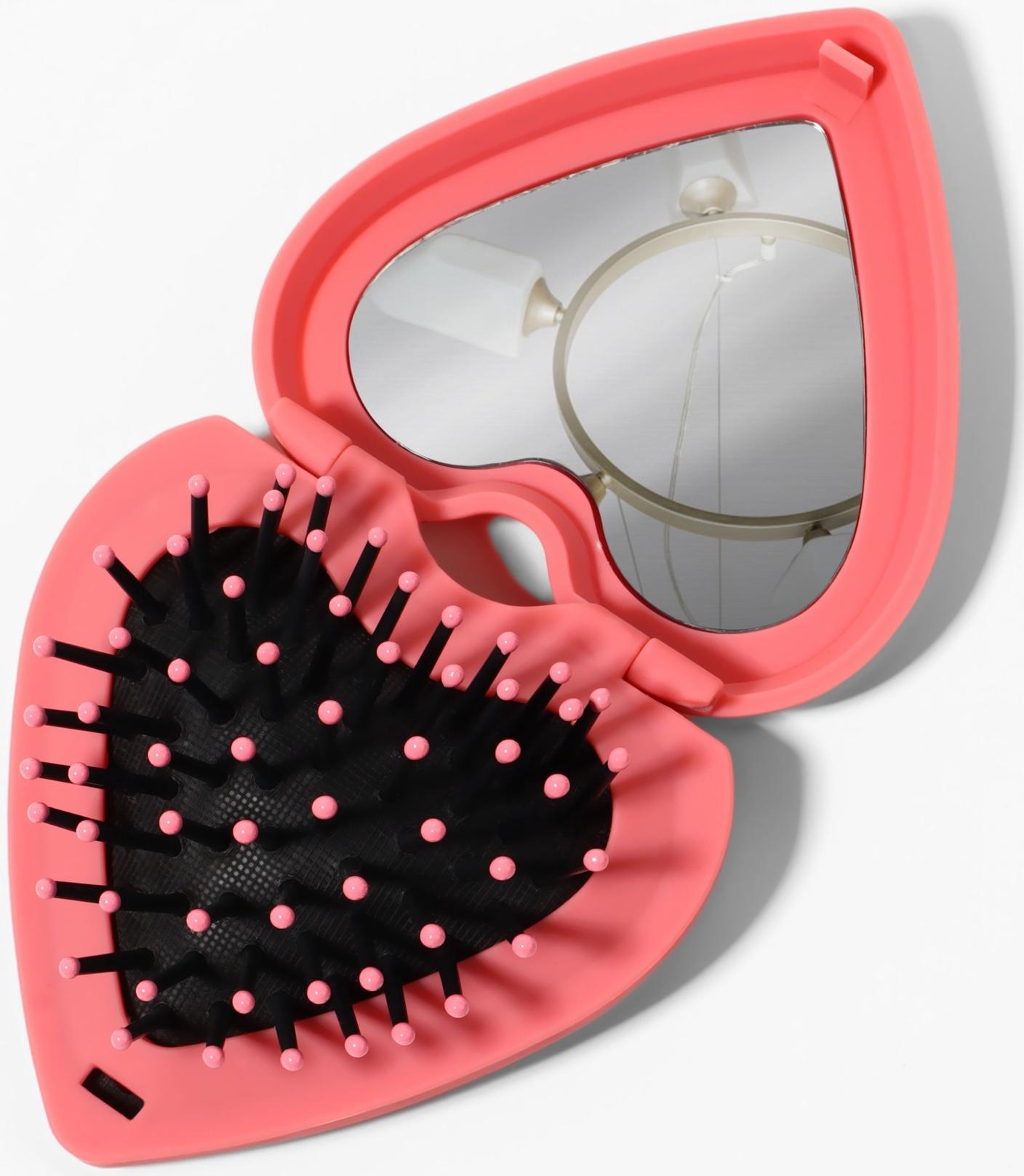 Расчёска массажная «Сердце», складная, с зеркалом, 8×2.5 см, матовая, розовая