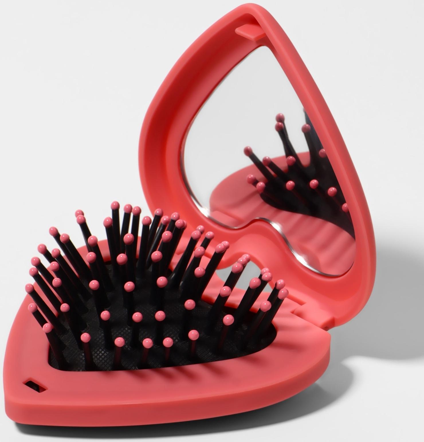 Расчёска массажная «Сердце», складная, с зеркалом, 8×2.5 см, матовая, розовая