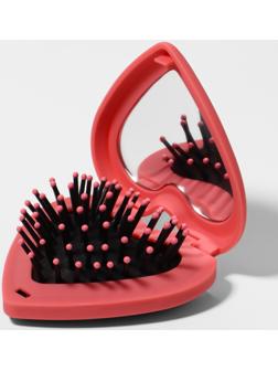 Расчёска массажная «Сердце», складная, с зеркалом, 8×2.5 см, матовая, розовая