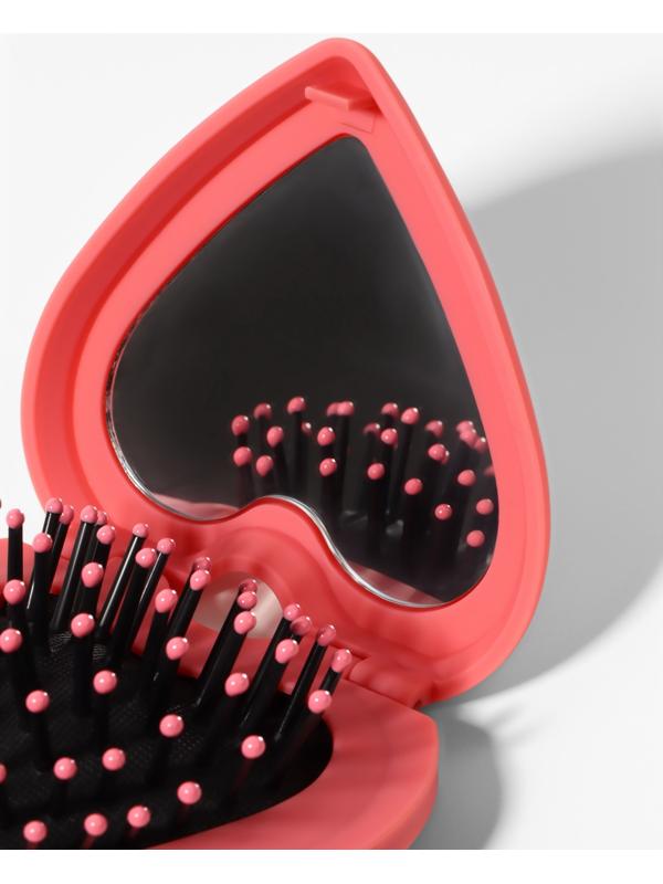 Расчёска массажная «Сердце», складная, с зеркалом, 8×2.5 см, матовая, розовая