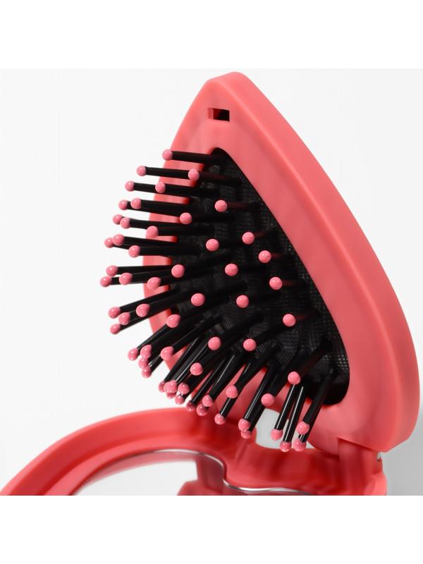 Расчёска массажная «Сердце», складная, с зеркалом, 8×2.5 см, матовая, розовая