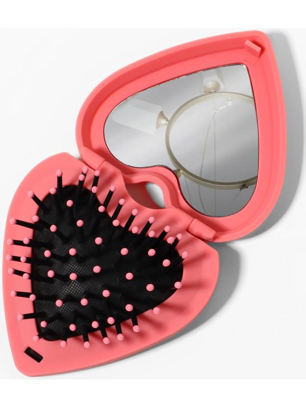 Расчёска массажная «Сердце», складная, с зеркалом, 8×2.5 см, матовая, розовая