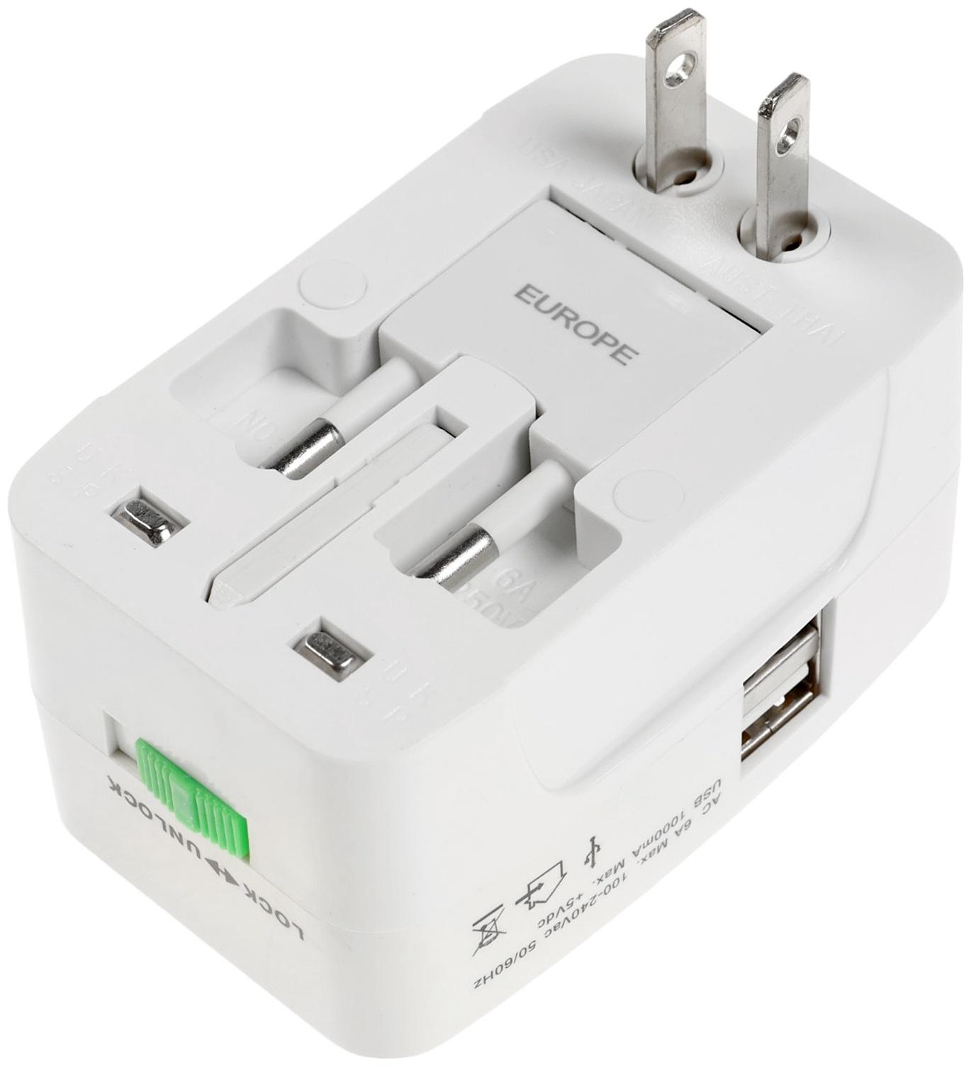 Адаптер универсальный 5 в 1, 6 А, 2 USB-A, 220 В, белый