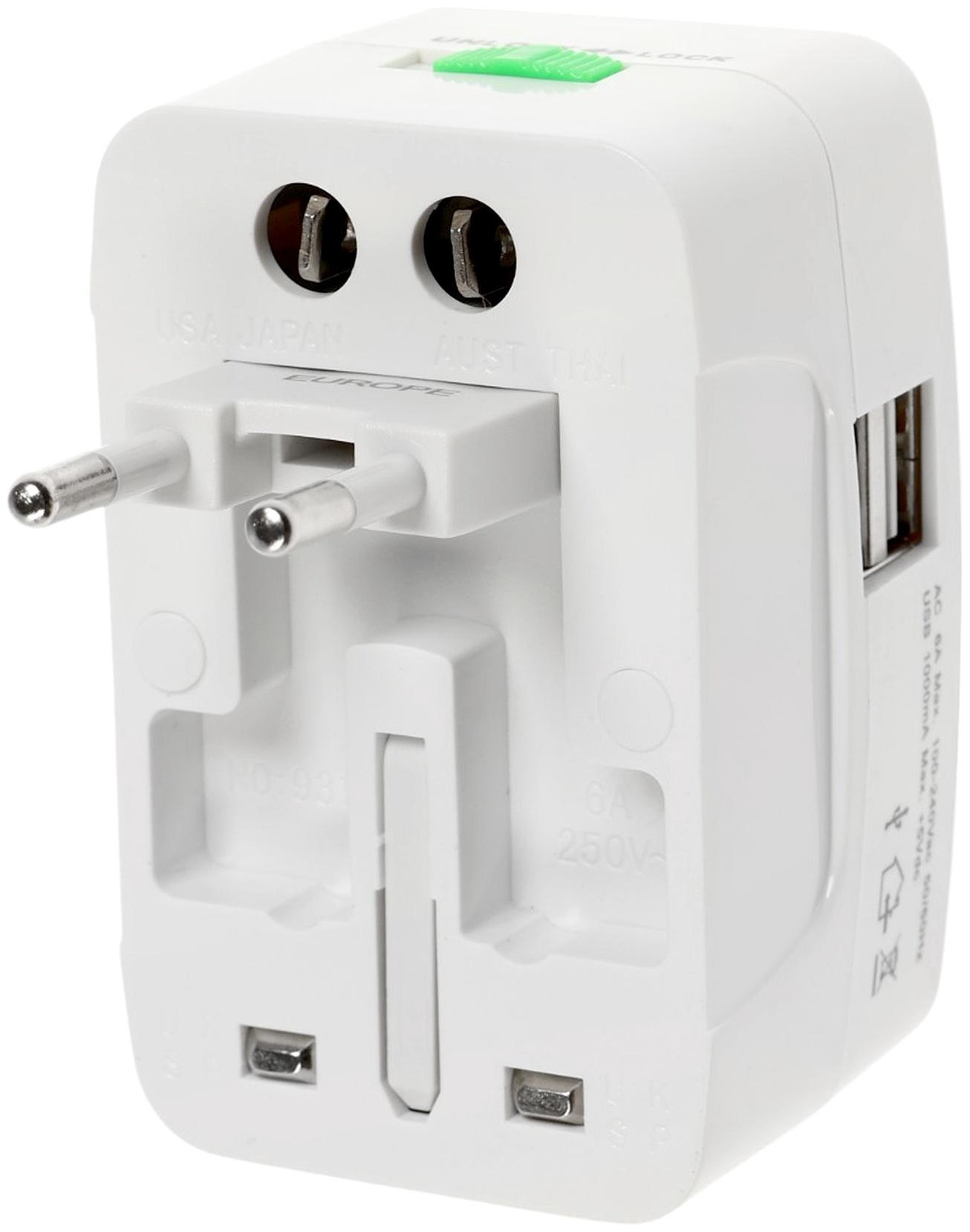 Адаптер универсальный 5 в 1, 6 А, 2 USB-A, 220 В, белый