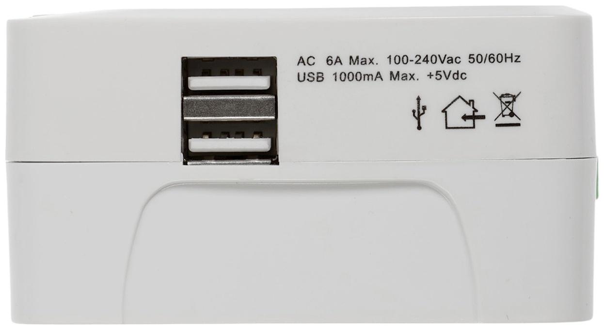 Адаптер универсальный 5 в 1, 6 А, 2 USB-A, 220 В, белый