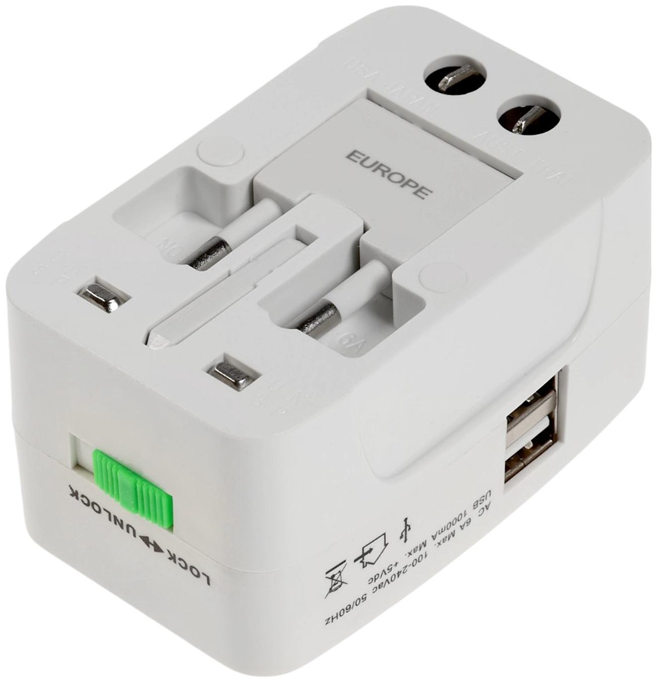 Адаптер универсальный 5 в 1, 6 А, 2 USB-A, 220 В, белый