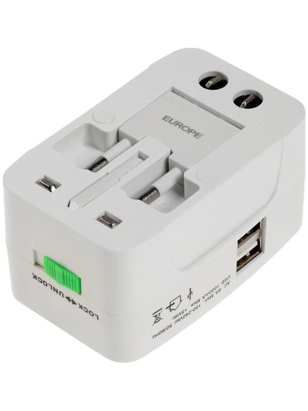 Адаптер универсальный 5 в 1, 6 А, 2 USB-A, 220 В, белый