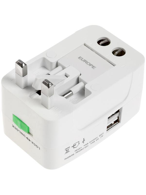 Адаптер универсальный 5 в 1, 6 А, 2 USB-A, 220 В, белый