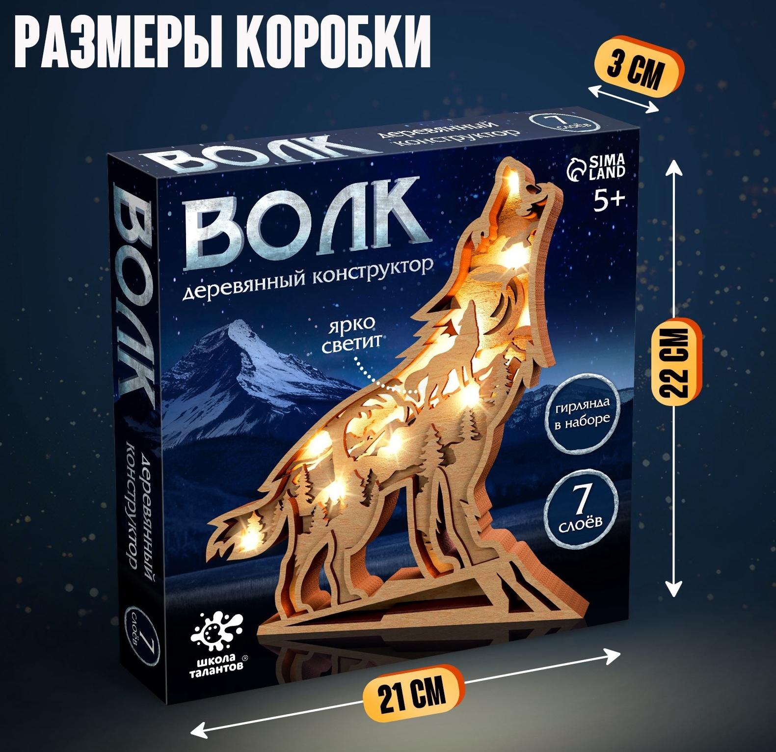 Деревянный конструктор «Волк», размер 21×20 см, гирлянда в комплекте