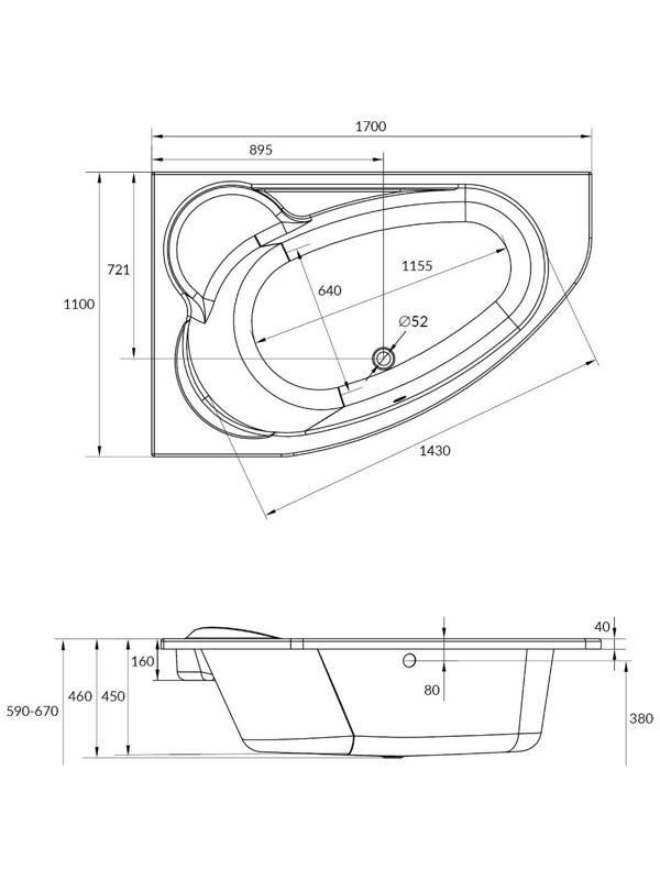 Ванна акриловая Cersanit KALIOPE 170×110, левая, белая, без каркаса и панели