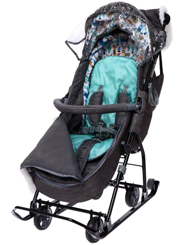 Санки - коляска «Наши детки 6», чехол для ног, муфта, сумка, принт с ламой, серый