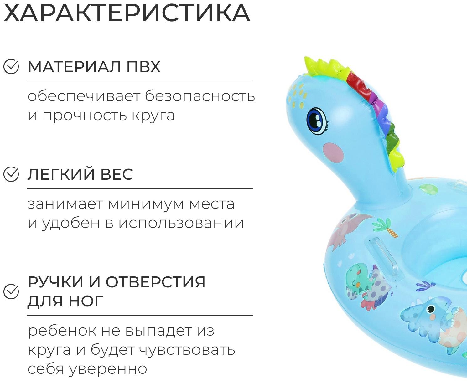 Круг для плавания «Динозаврик», 75×50 см, детский, с сиденьем. бирюзовый