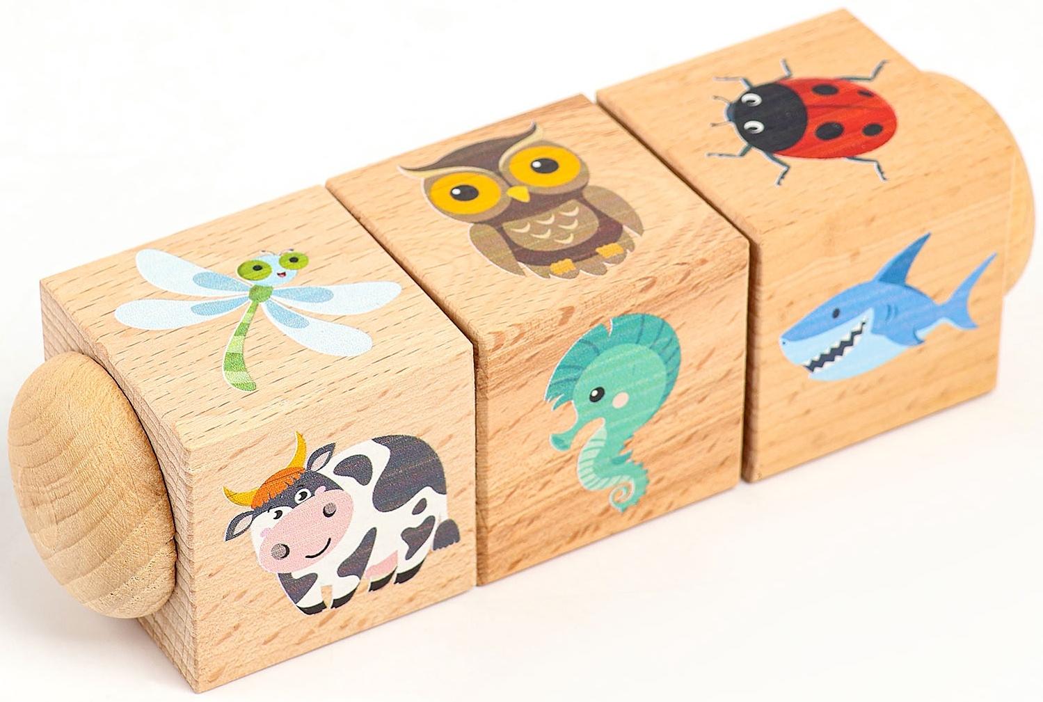 Кубики деревянные «Живая природа», на оси, 3 кубика