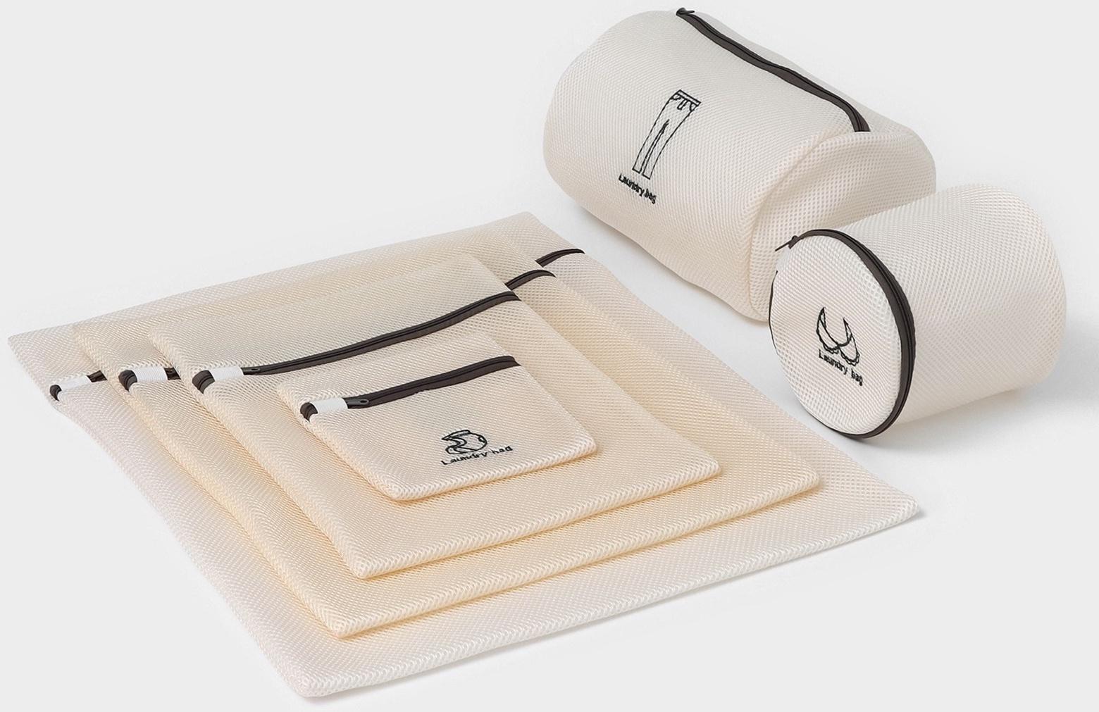 Мешки для стирки, 6 шт: L= 60×50, M=50×40, S=40×30, XS=22×18, Цилиндр L=30×20, Цилиндр M=17×17, цвет бежевый