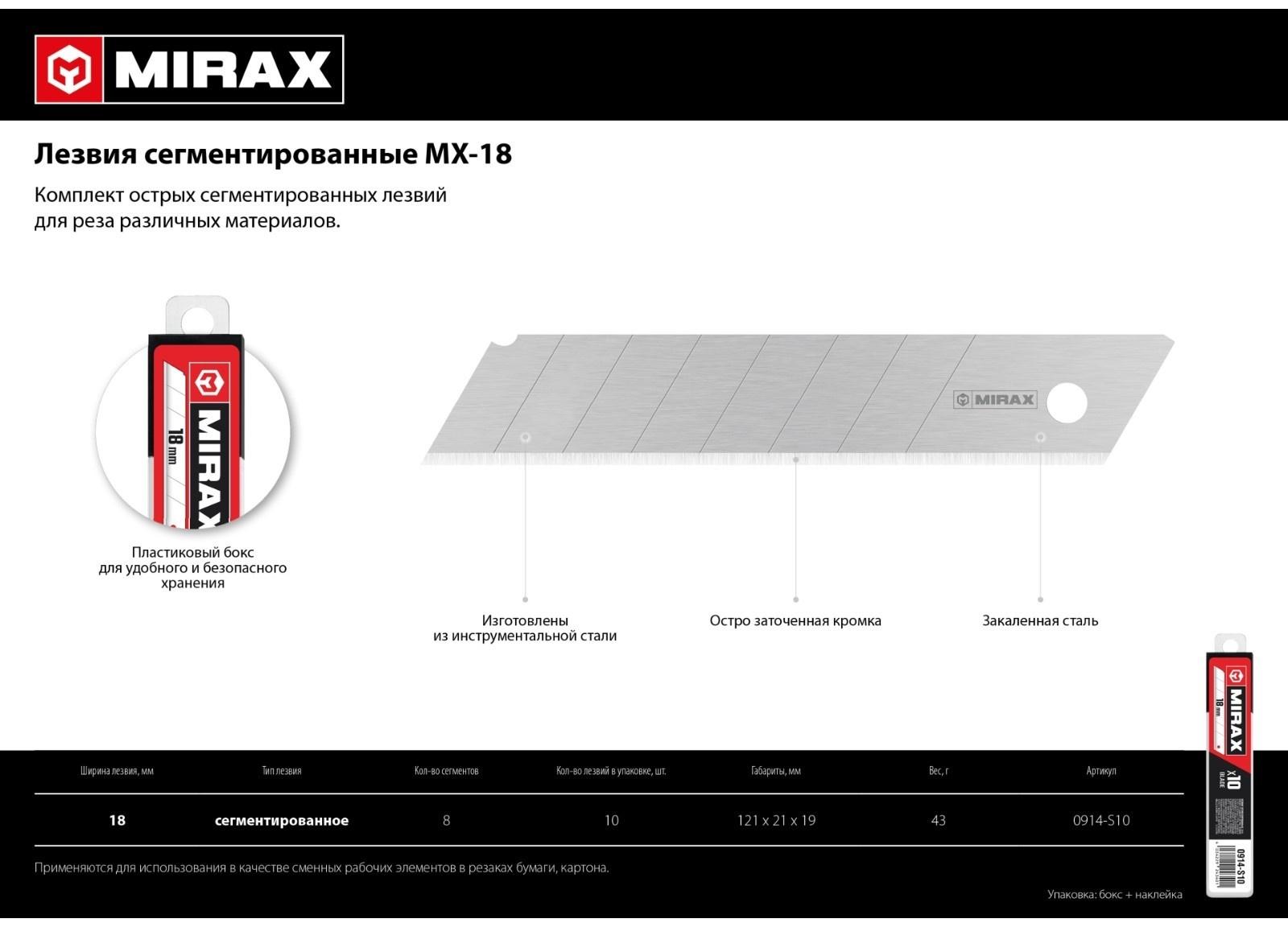 Лезвия сегментированные MIRAX MX-18 0914-S10, 18 мм, 10 шт.