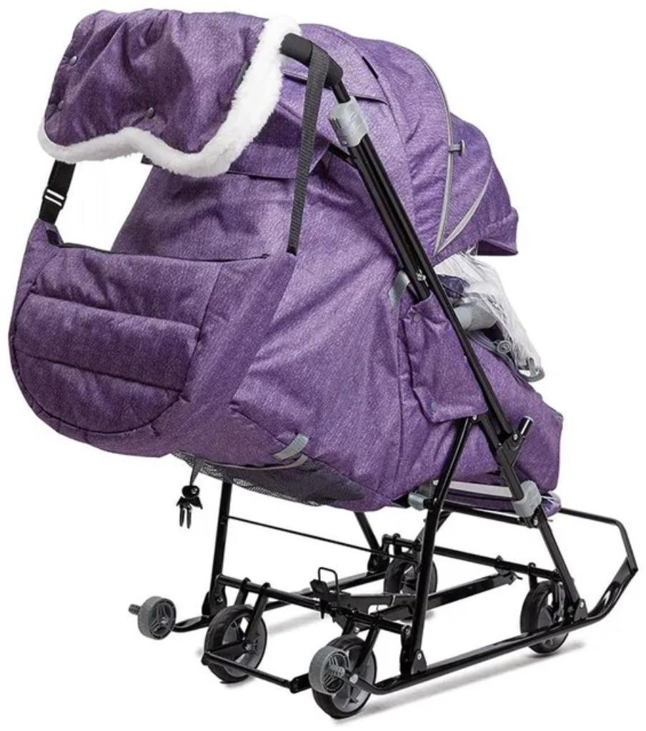 Санки - коляска «Наши детки 6», чехол для ног, муфта, сумка, баклажановый с полосками