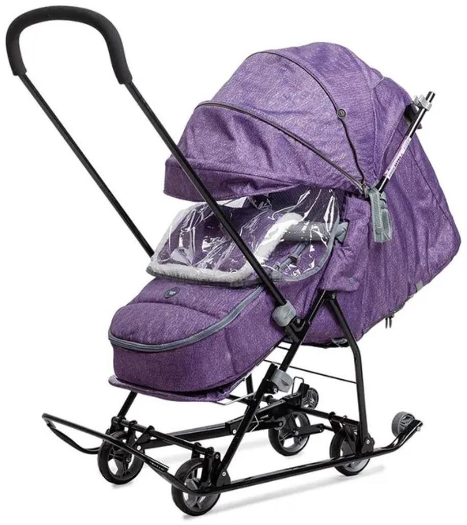 Санки - коляска «Наши детки 6», чехол для ног, муфта, сумка, баклажановый с полосками