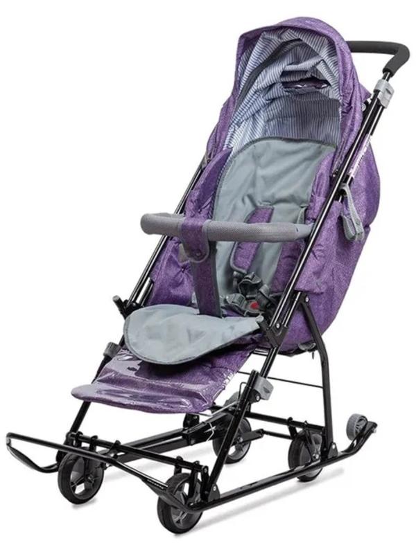 Санки - коляска «Наши детки 6», чехол для ног, муфта, сумка, баклажановый с полосками