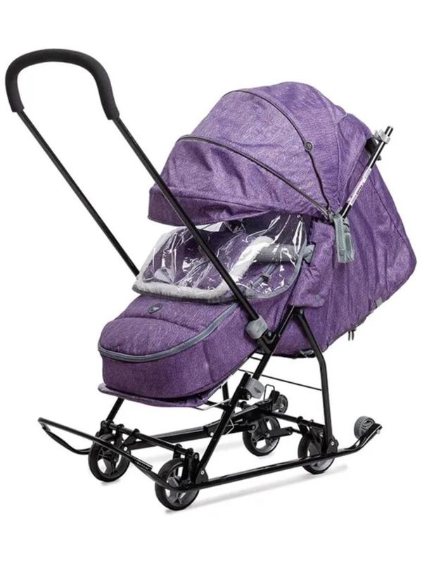 Санки - коляска «Наши детки 6», чехол для ног, муфта, сумка, баклажановый с полосками