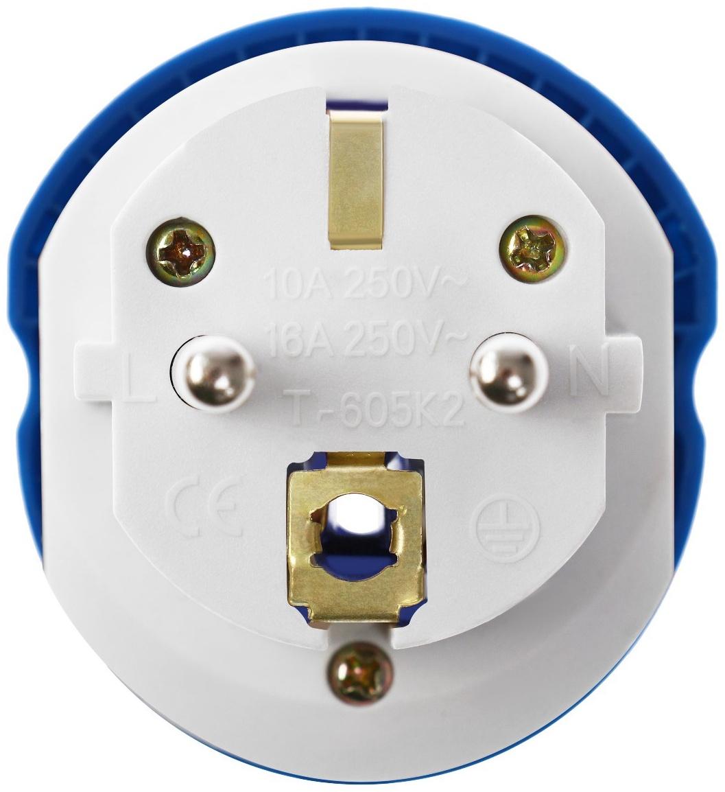 Переходник универсальный 16А, с з/к, 220 В, синий, заподлицо в розетку