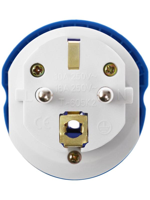 Переходник универсальный 16А, с з/к, 220 В, синий, заподлицо в розетку