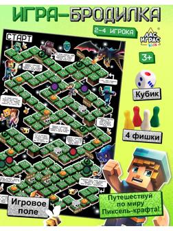 Настольная игра ходилка-бродилка для детей «Пиксель-крафт», 2-4 игрока, 3+