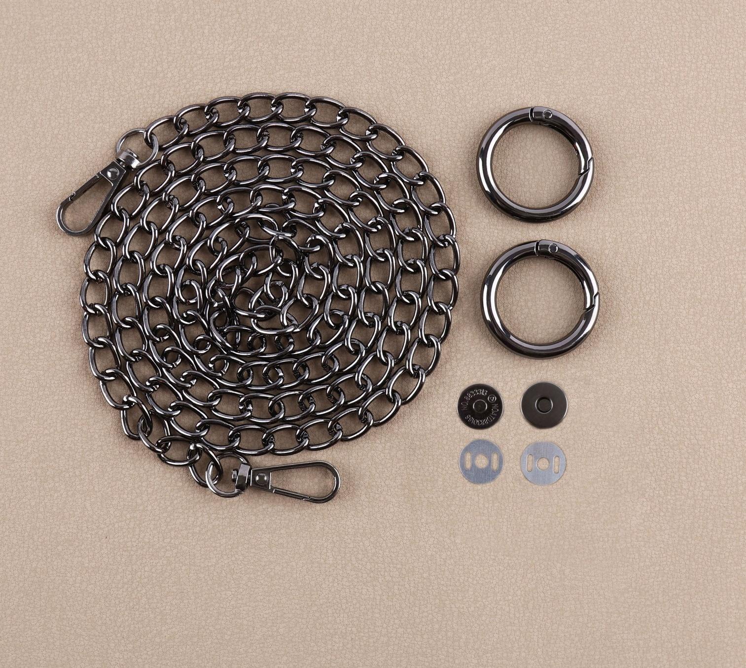 Набор для создания сумки, 4 предмета, кольцо-карабин - 2 шт, цепочка, кнопка магнитная, цвет чёрный никель