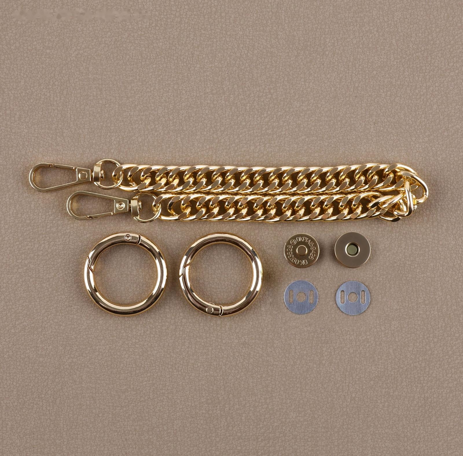 Набор для создания сумки, 4 предмета, кольцо-карабин - 2 шт, цепочка, кнопка магнитная, цвет золотой