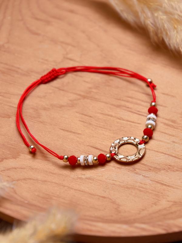 Браслет-оберег «Красная нить» женский, защита, кольцо, бело-красный в золоте, d=6