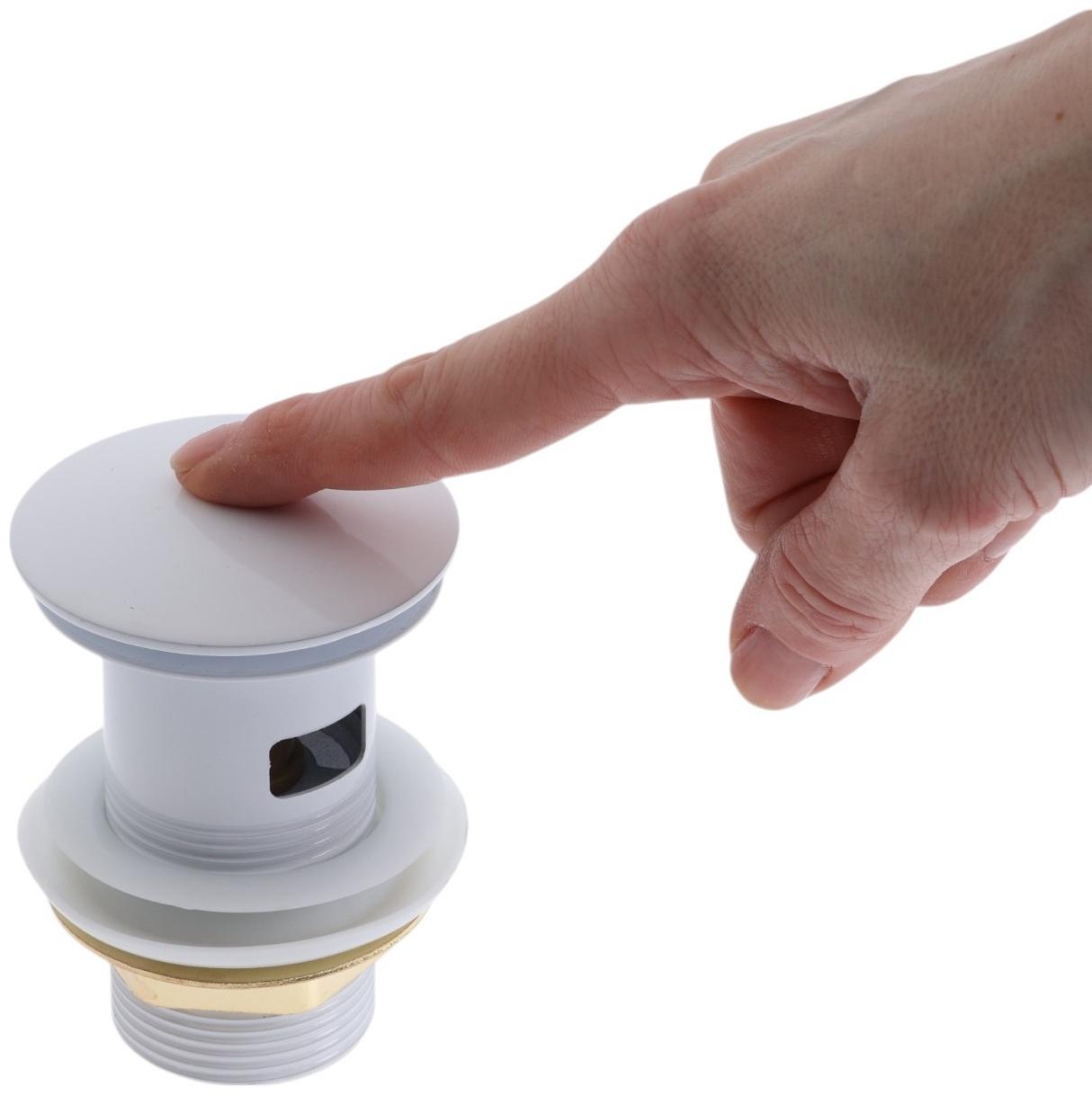 Донный клапан ZEIN engr, большая кнопка, с переливом, нержавеющая сталь, белый