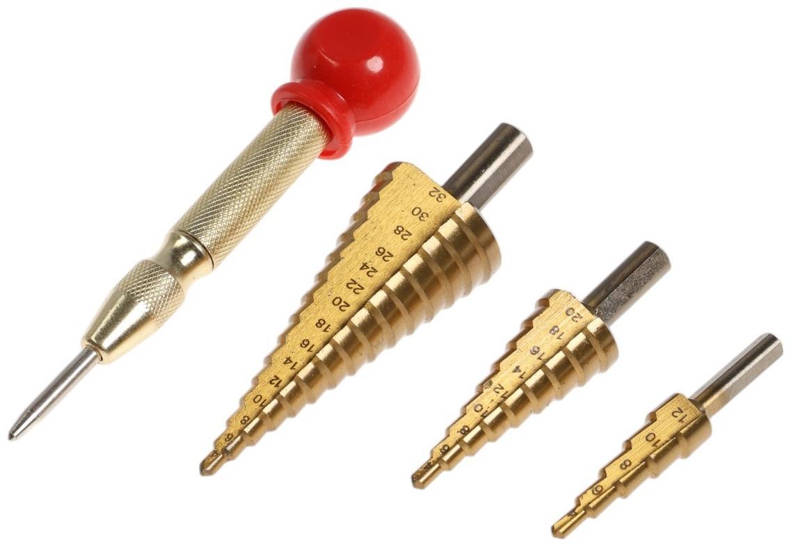 Набор сверл ступенчатых с кернером ТУНДРА, HSS, трехгранный хвостовик, 4-12, 4-20, 4-32 мм