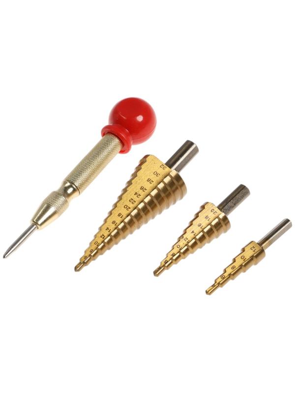 Набор сверл ступенчатых с кернером ТУНДРА, HSS, трехгранный хвостовик, 4-12, 4-20, 4-32 мм