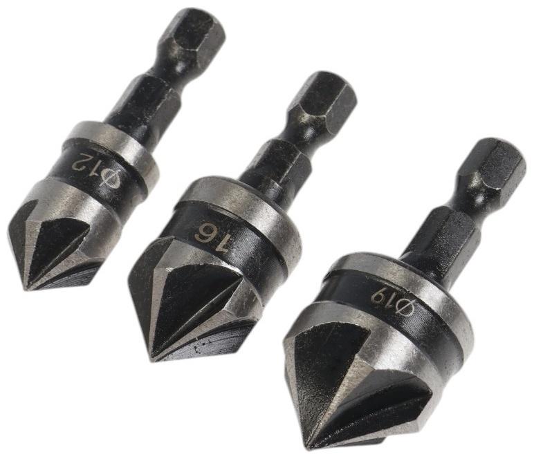 Набор зенкеров ТУНДРА, 12, 16, 19 мм, по дереву, пластику, цветным металлам, 3 шт.