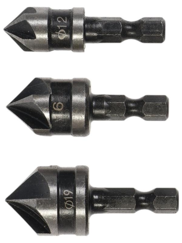 Набор зенкеров ТУНДРА, 12, 16, 19 мм, по дереву, пластику, цветным металлам, 3 шт.