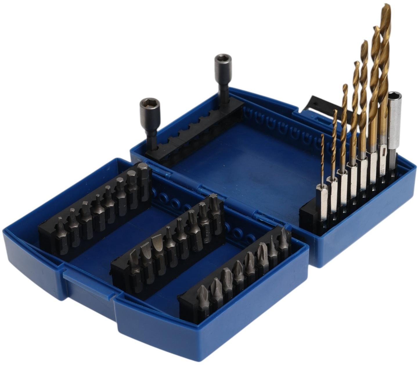 Набор сверл и бит ТУНДРА, HSS-Tin, шестигранный хвостовик, 1.5 - 6.5 мм, 34 предмета
